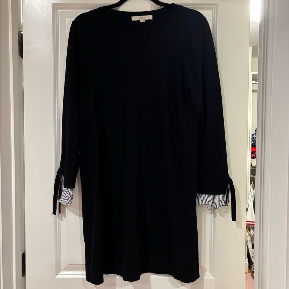 Loft Mixed Media Long Sleeve Dress with Striped, Tie Cuffs